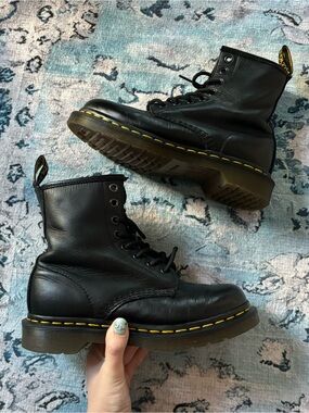 Dr. Martens Black Leather AirWair 8-Eye Boots with Yellow Stitching